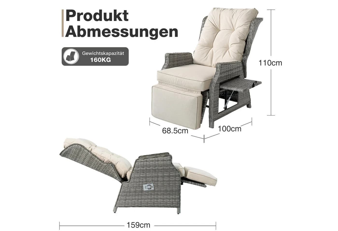 HOMECALL Rattanstuhl Gartensessel Liegestuhl wetterfest beige/grau - Bild 4