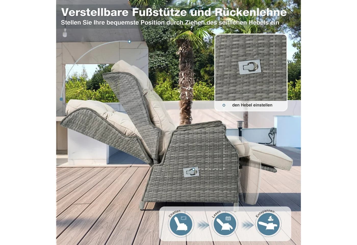 HOMECALL Rattansessel Gartensessel Verstellbar Liegestuhl Balkonliege - Bild 3