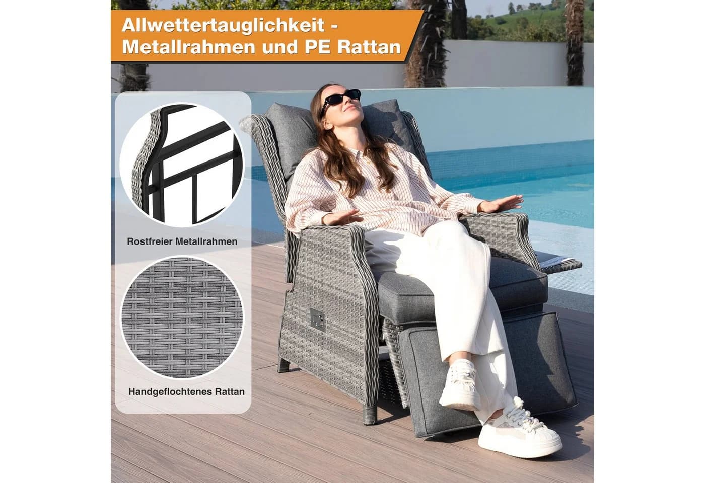 HOMECALL Rattansessel Gartensessel Verstellbar Liegestuhl Balkonliege