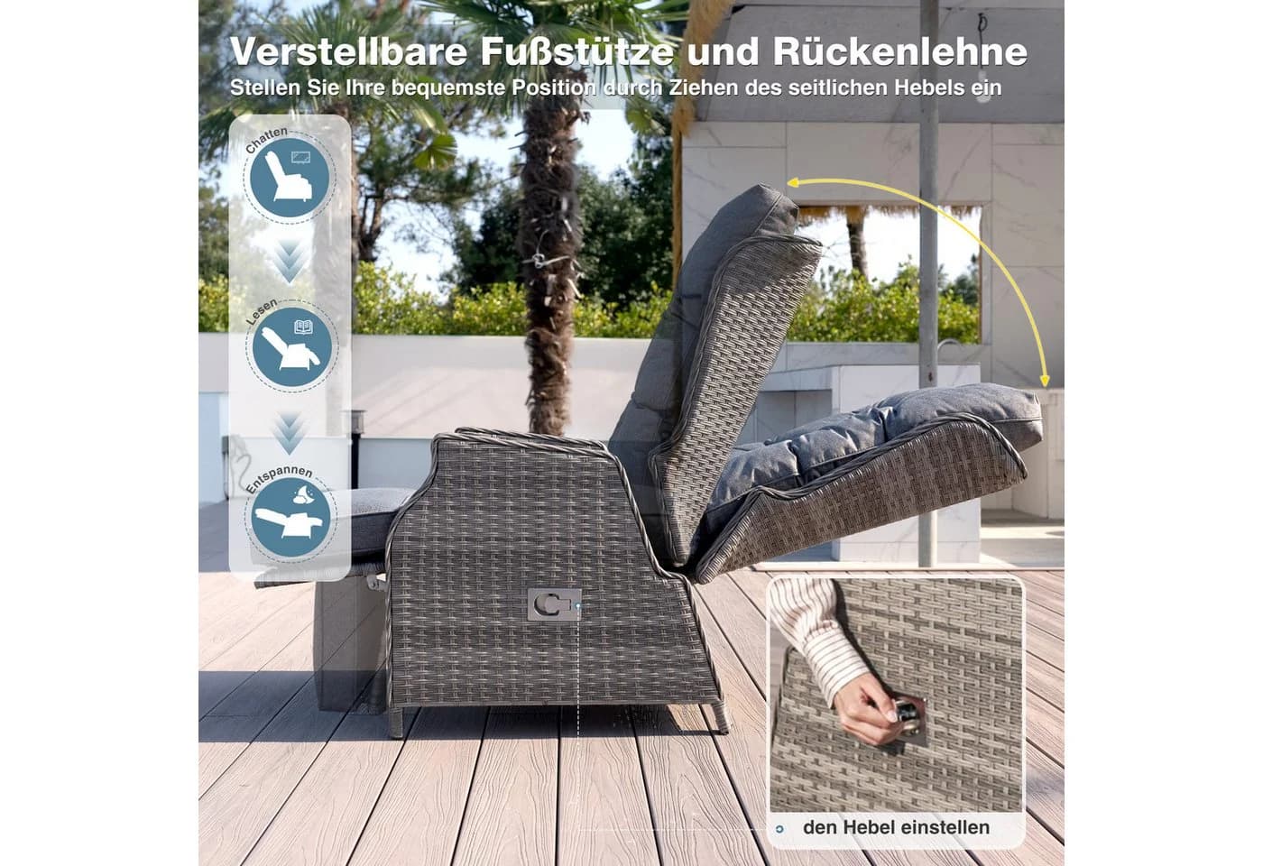 HOMECALL Rattansessel Gartensessel Verstellbar Liegestuhl Balkonliege - Bild 3