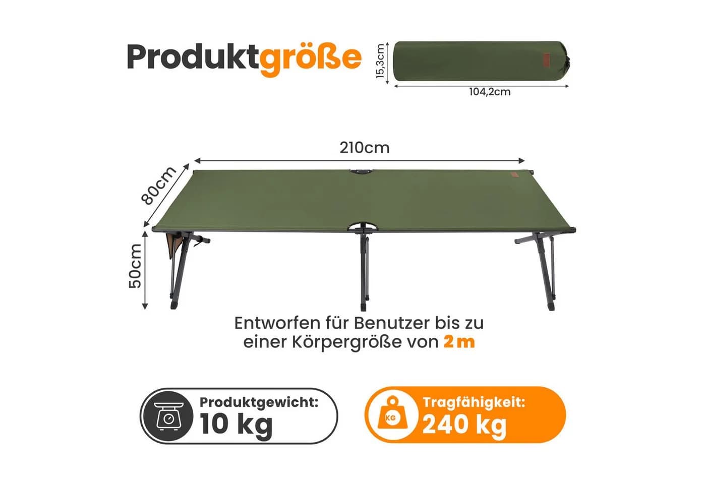 HOMECALL Klappbett Camping 210x80 cm Grün 600D Oxford
