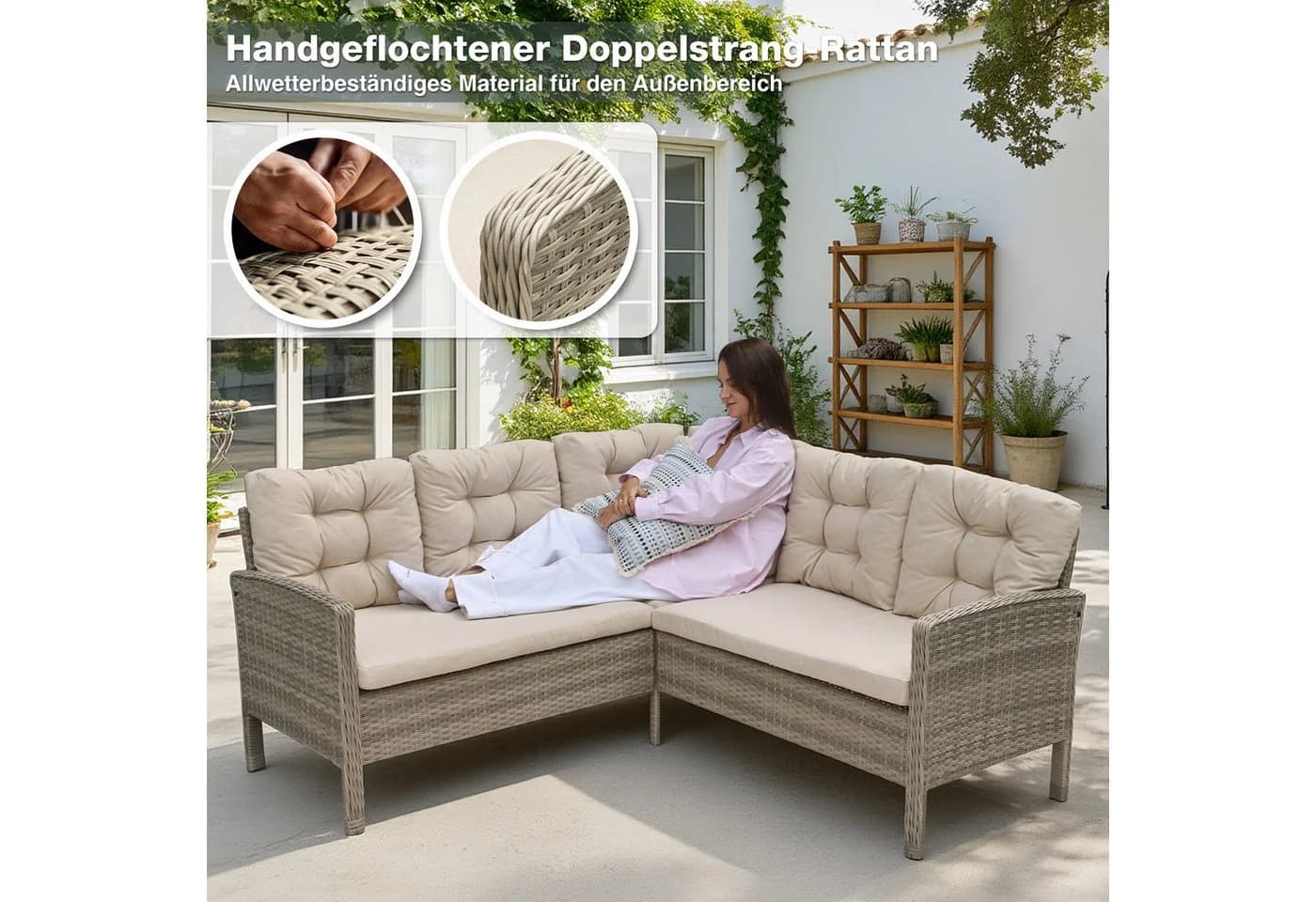 HOMECALL Gartenlounge-Set 5-tlg. Beige/Grau Poly Rattan - Bild 5