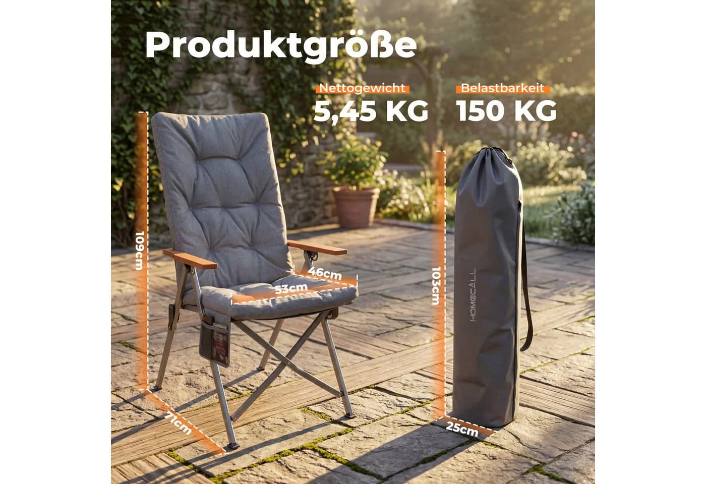 HOMECALL Campingstuhl Faltbar Hochlehner Grau 150kg Belastbar