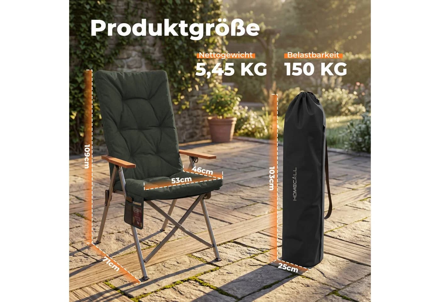 HOMECALL Campingstuhl Faltbar Hochlehner Grau 4-fach Verstellbar