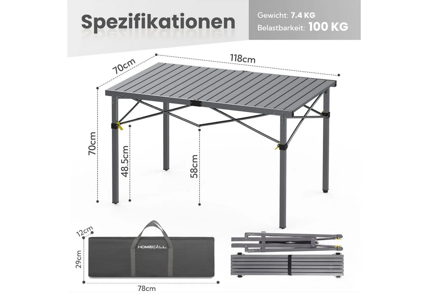 HOMECALL Klapptisch Campingtisch Grau Aluminium
