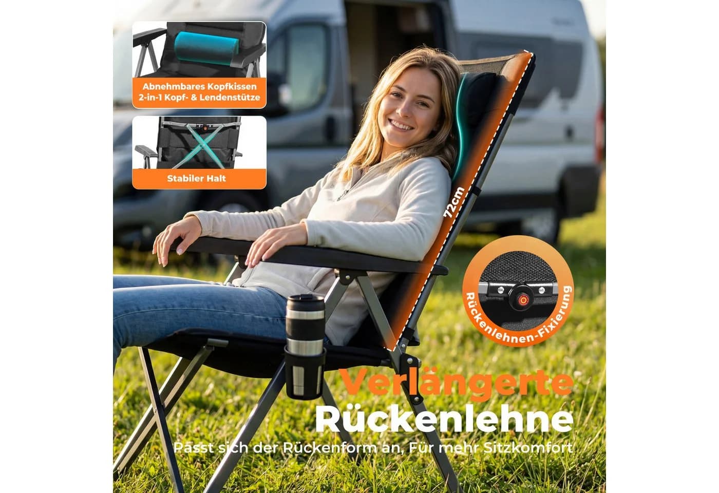 HOMECALL Klappstuhl Campingstuhl 72 cm Hochlehner Schwarz