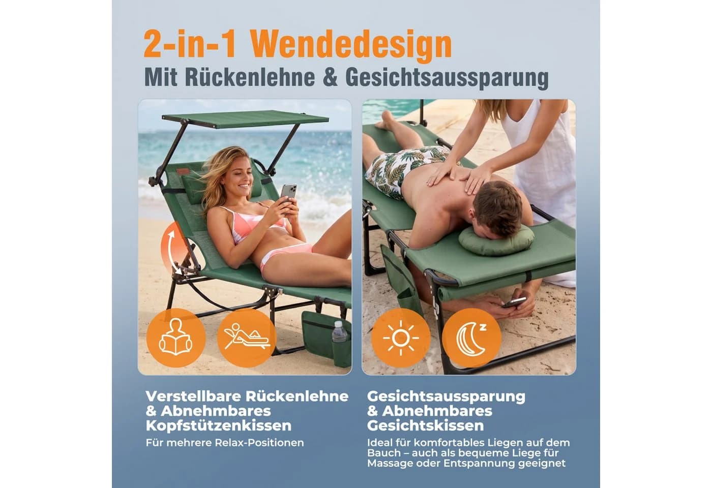 HOMECALL Gartenliege mit Sonnendach klappbar Moosgrün