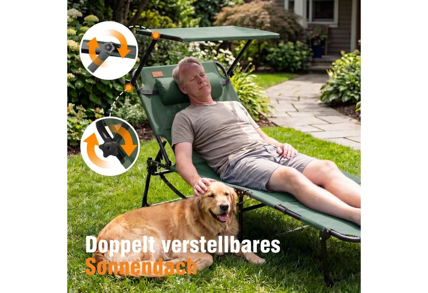 HOMECALL Gartenliege mit Sonnendach klappbar Moosgrün - Bild 3