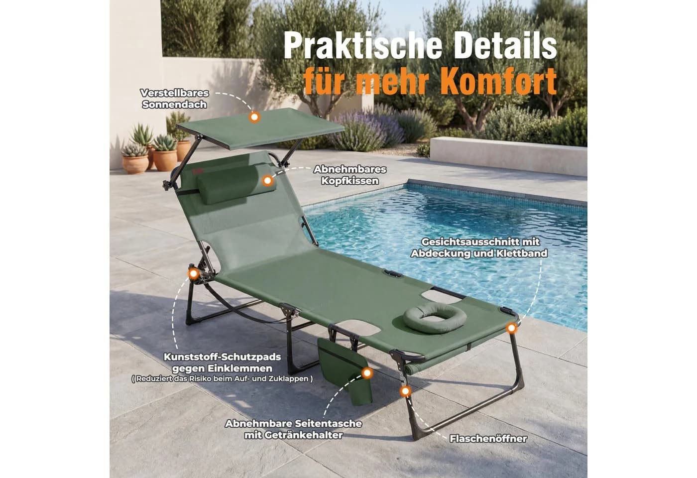 HOMECALL Gartenliege mit Sonnendach klappbar Moosgrün - Bild 4