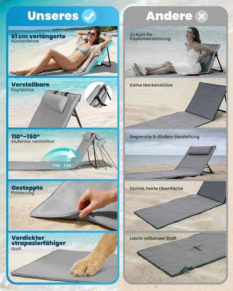 HOMECALL Strandmatte klappbar mit verstellbarer Rückenlehne grün - Bild 3