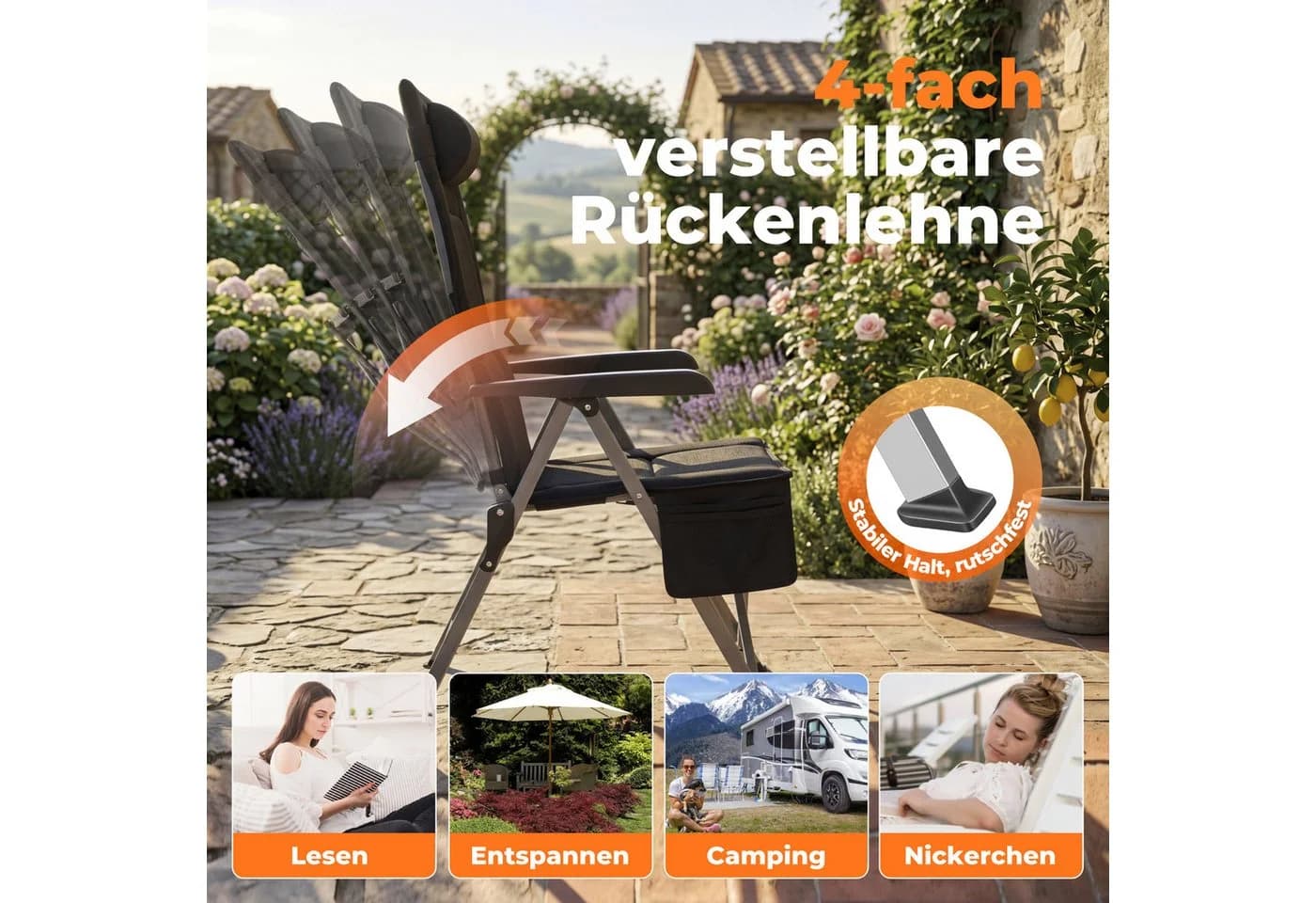 HOMECALL Campingstuhl Faltbar Hochlehner Schwarz mit verstellbarer Lehne - Bild 3