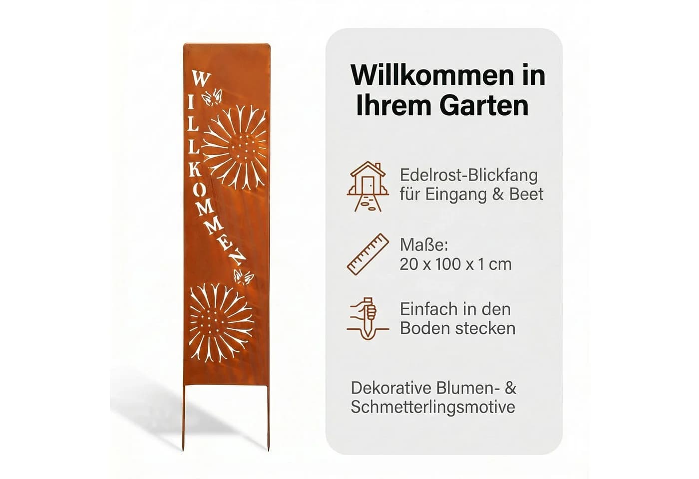 Levandeo Gartenstecker Stele Willkommen Braun Rostdeko Eisen - Bild 3