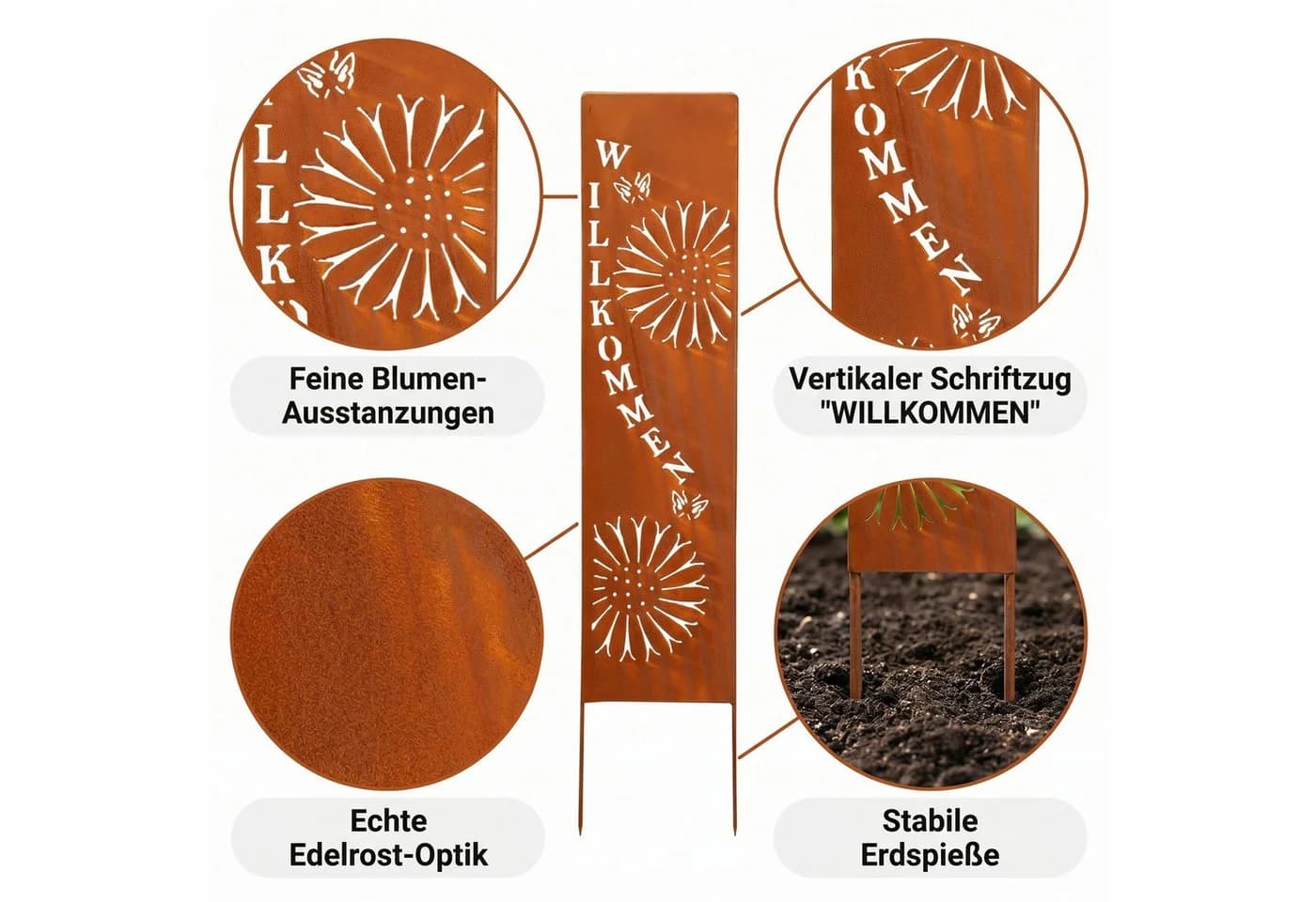 Levandeo Gartenstecker Stele Willkommen Braun Rostdeko Eisen - Bild 4