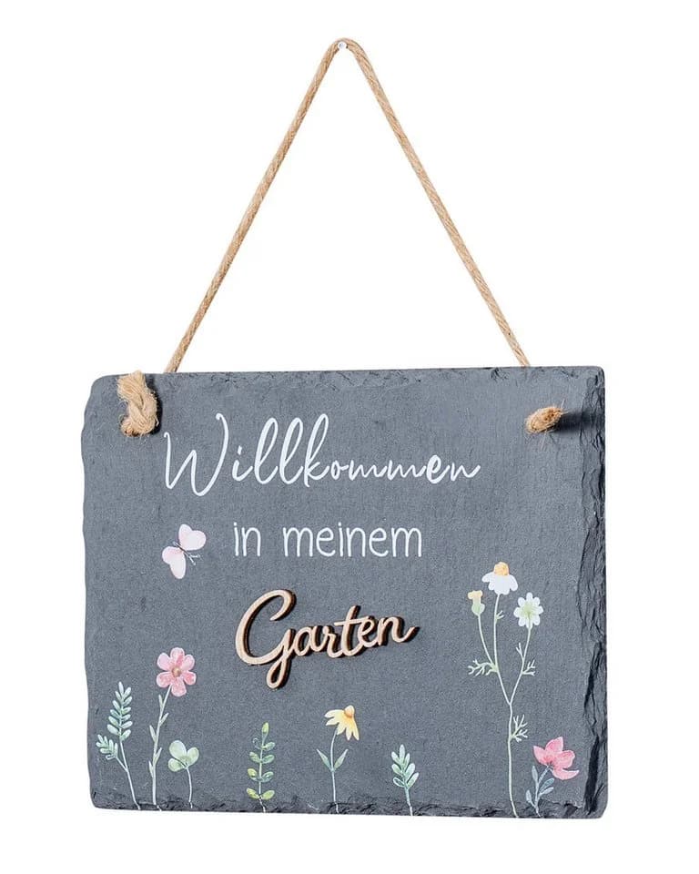Levandeo® Schiefertafel Garten "Willkommen" mit Blumenmotiv - Bild 2