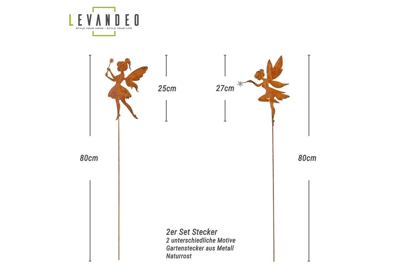 Levandeo® Gartenstecker 2er Set Elfe Rostdeko Metall