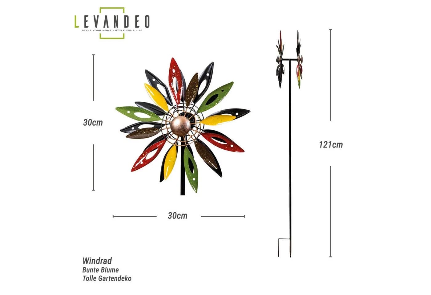 Levandeo® Deko-Windrad Gartenstecker Metall Bunt H120cm