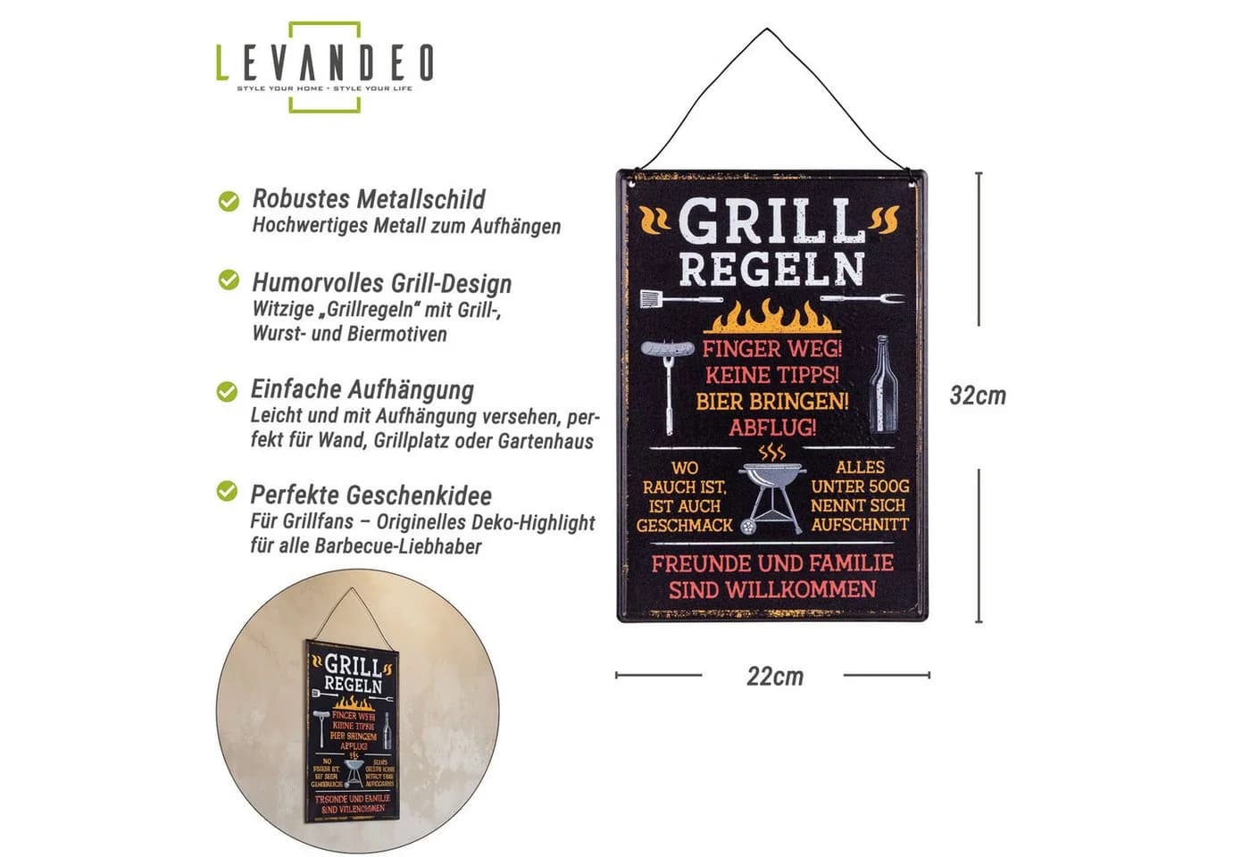 Levandeo® Metallbild Spruchtafel Grillregeln Garten
