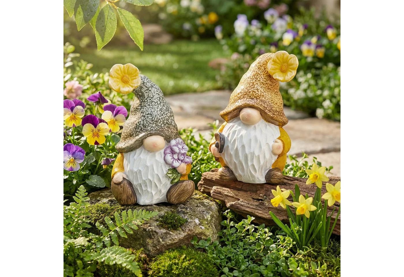Levandeo® Gartenzwerg 2er Set Wichtel Kunstharz Gelb/Grün/Weiß - Bild 4
