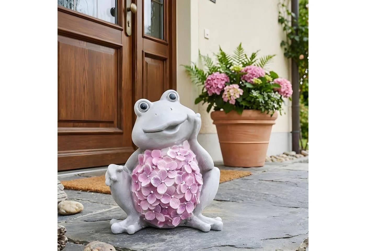 Levandeo® Dekofigur Frosch Grau Rosa Blüten Kunststein Garten - Bild 4