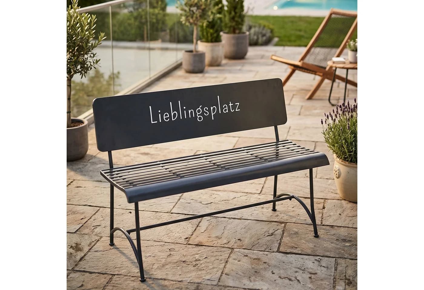 Levandeo® Gartenbank Metall Schwarz mit Schriftzug Lieblingsplatz - Bild 2