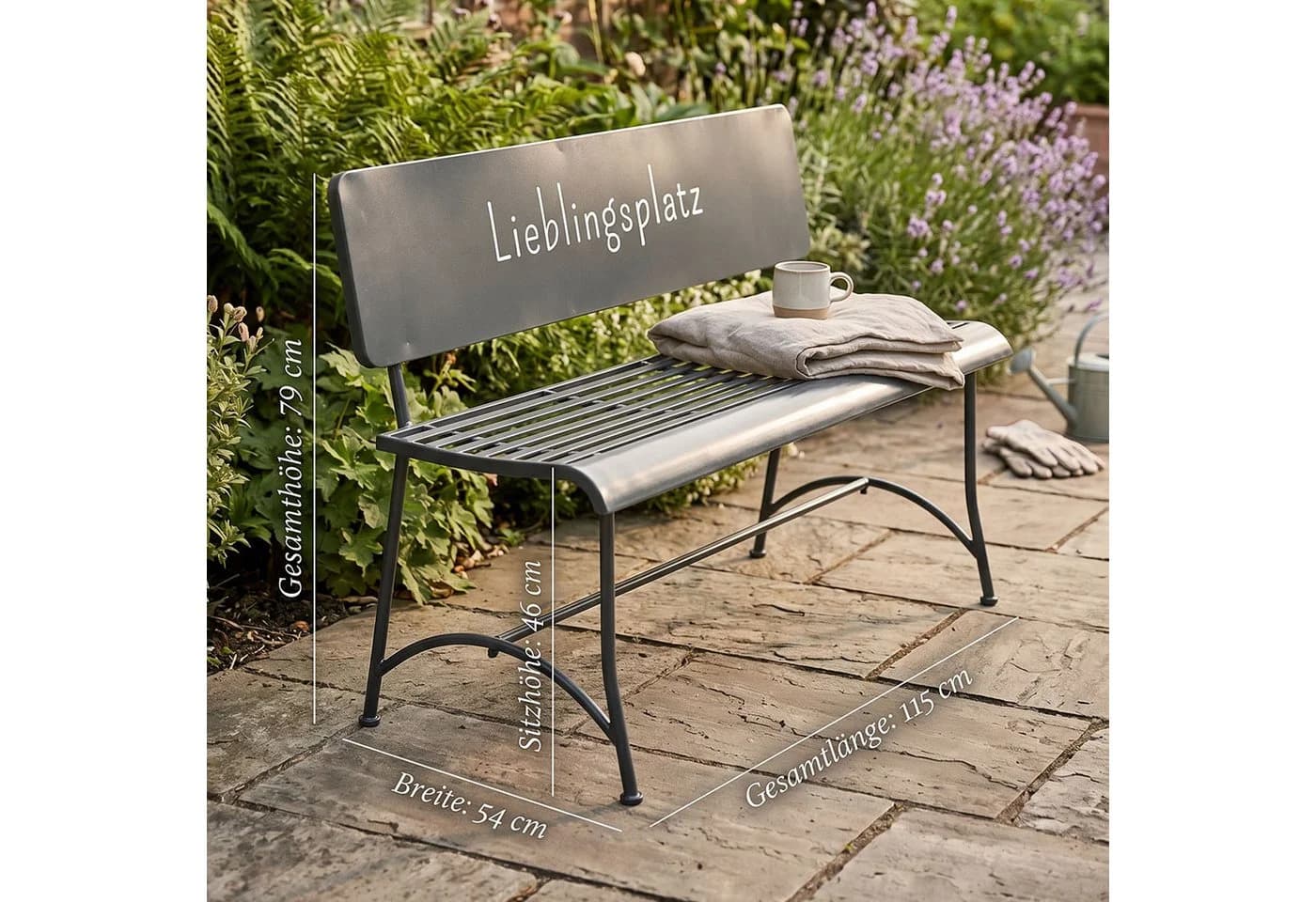 Levandeo® Gartenbank Metall Schwarz mit Schriftzug Lieblingsplatz - Bild 3