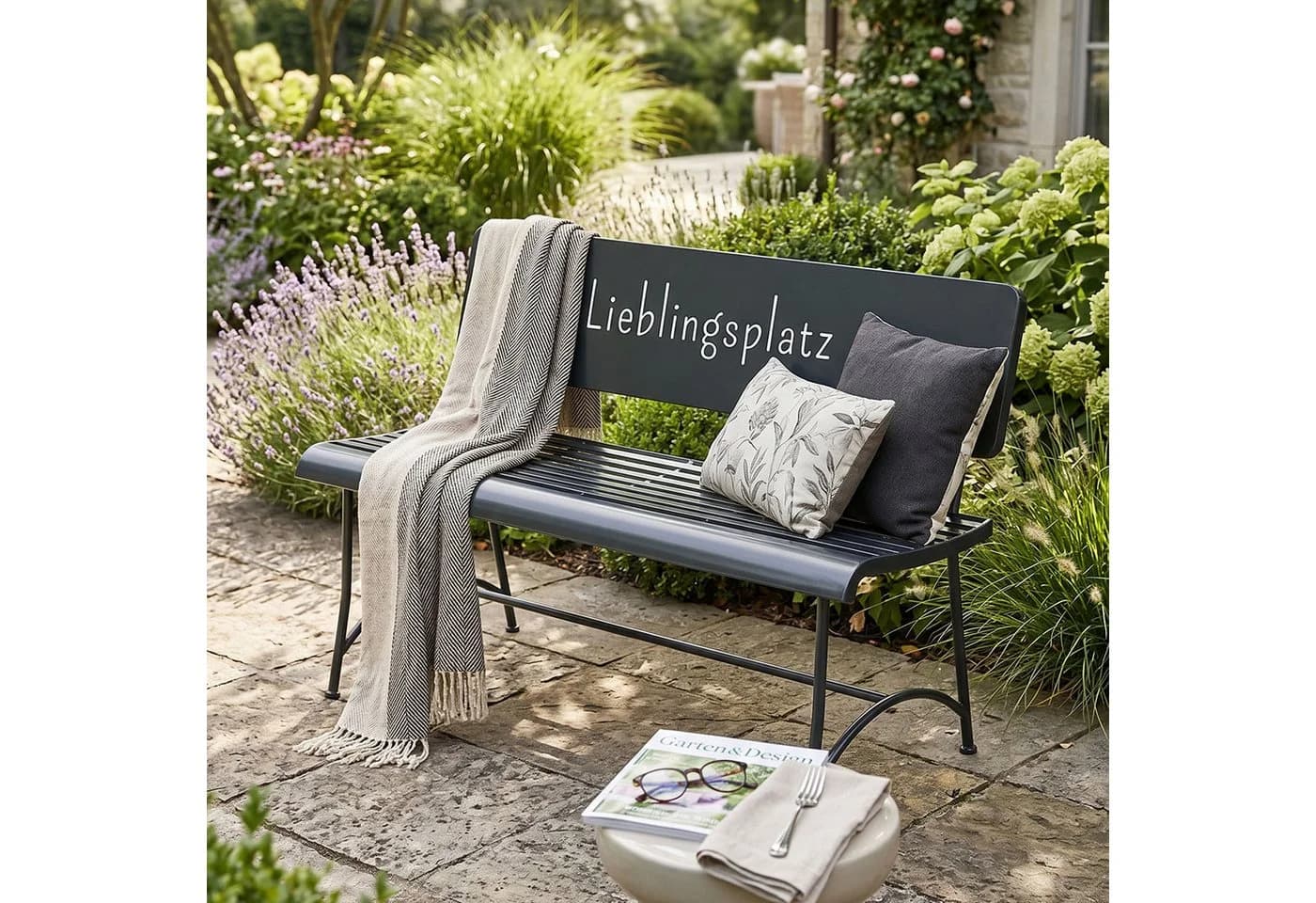 Levandeo® Gartenbank Metall Schwarz mit Schriftzug Lieblingsplatz - Bild 4