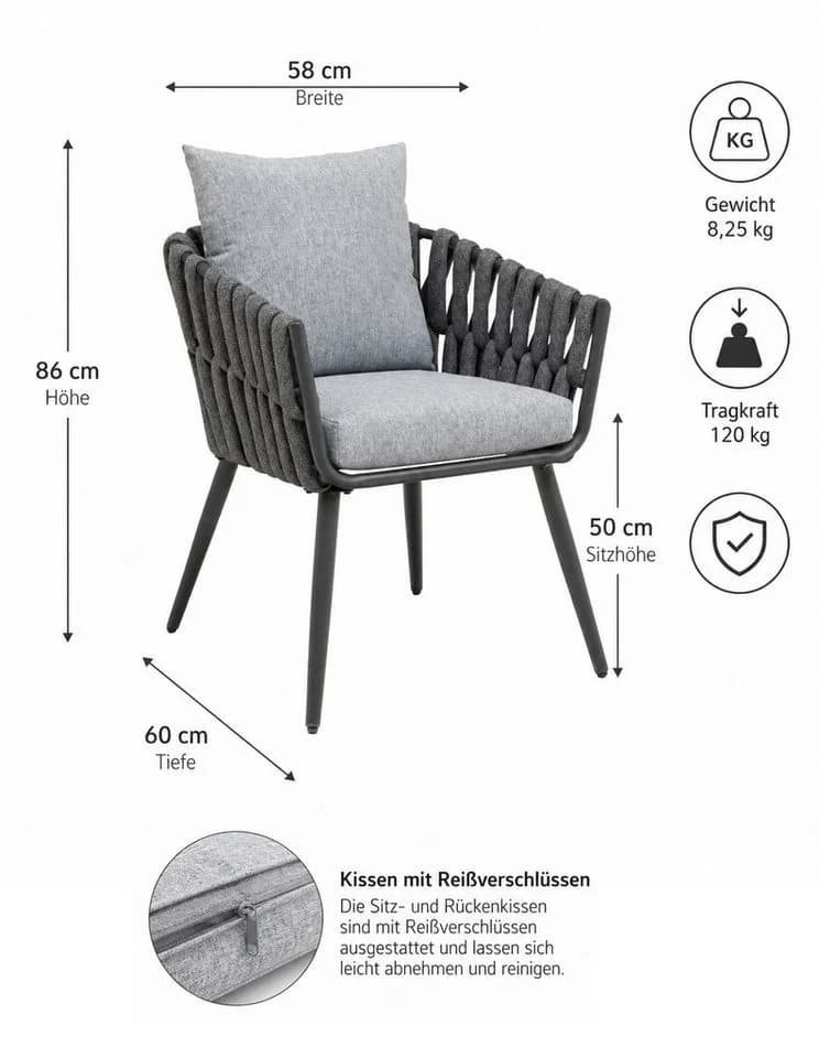 Gardissimo Gartenstuhl 2er Set Nizza Grau Aluminium