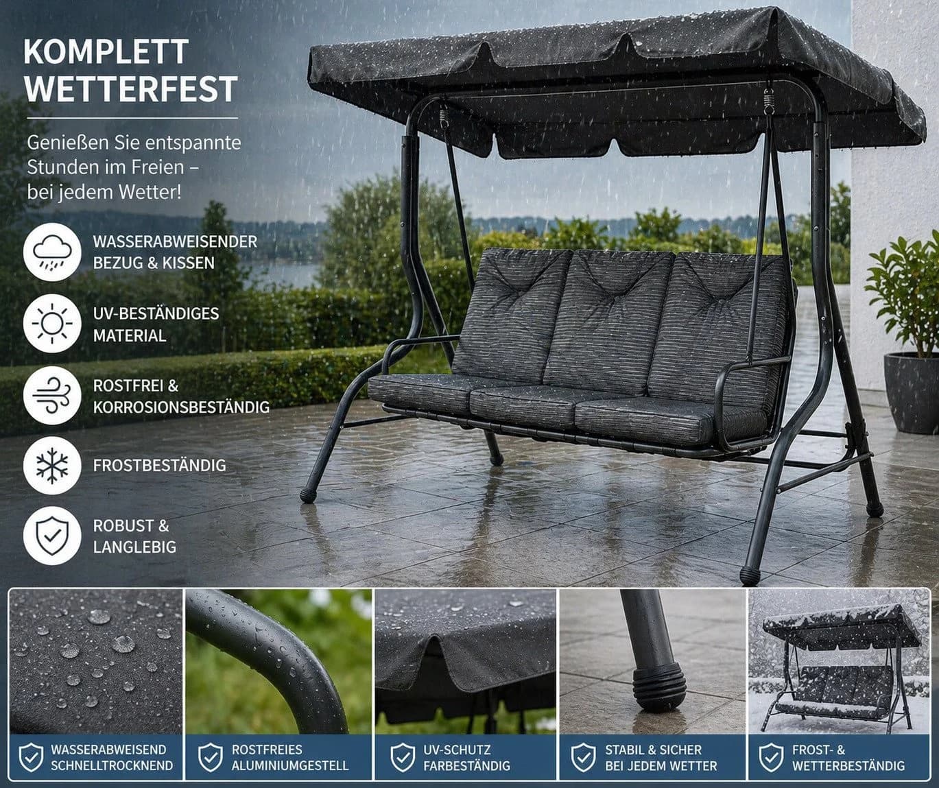 Gardissimo Hollywoodschaukel New Swing 3-Sitzer wetterfest Anthrazit