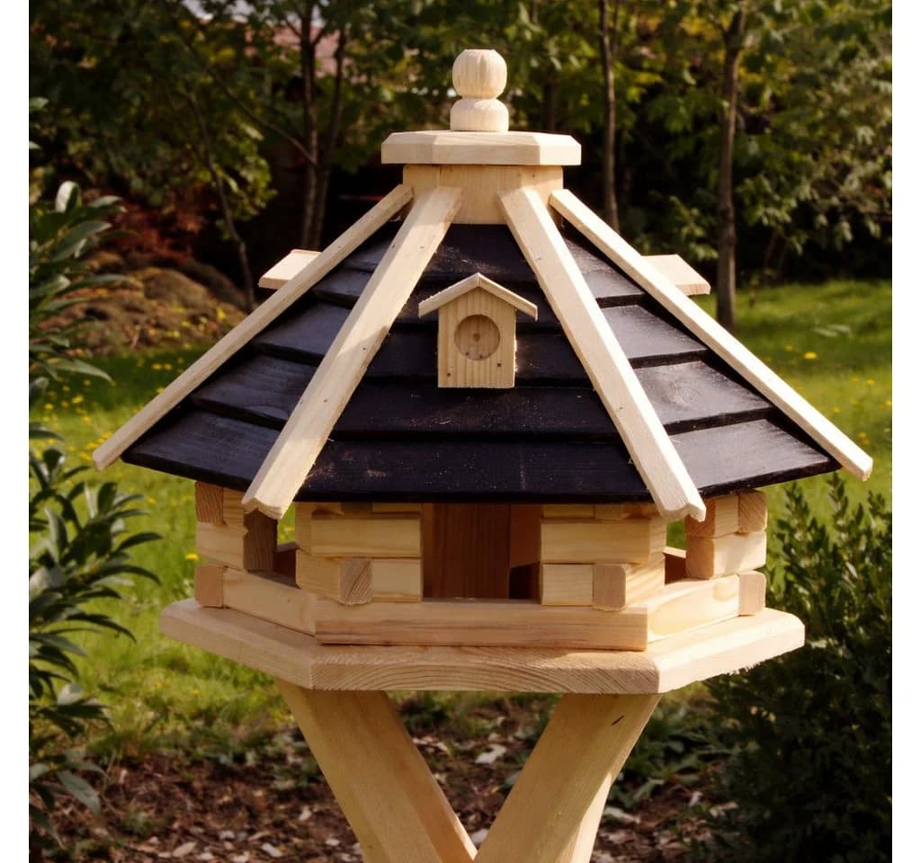 Holzdekoladen Vogelhaus aus Holz Sechseckig mit Ständer & Solarlicht Weiß