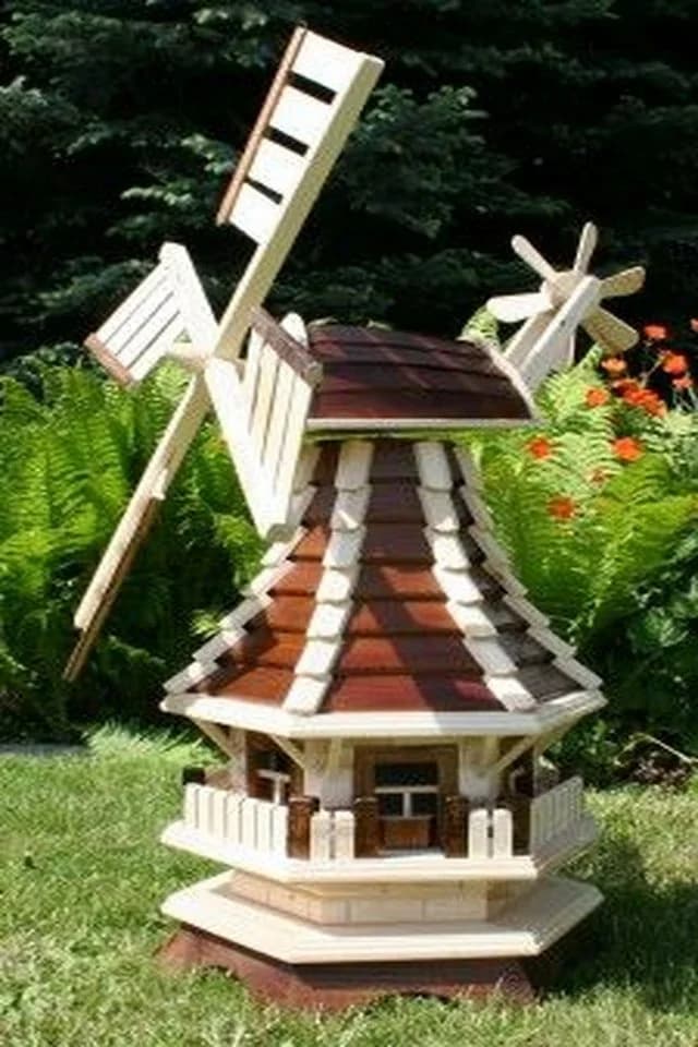 Holzdekoladen Gartenwindmühle Holz mit Solarlicht Weiß – drehbare Flügel