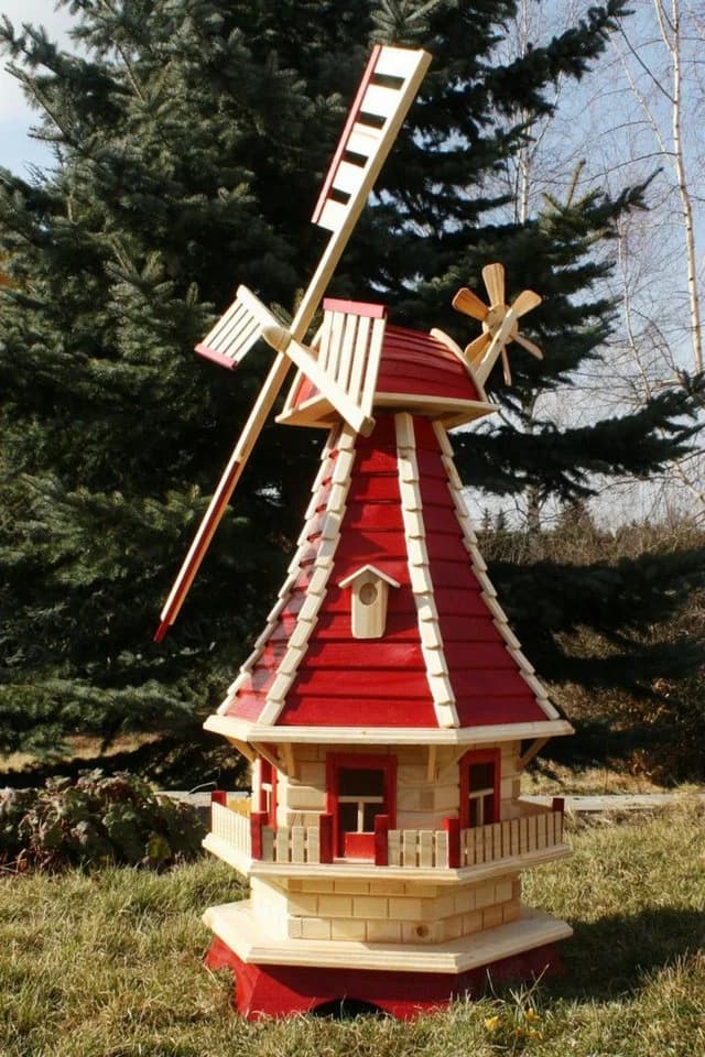 Holzdekoladen 6-Eckige Gartenwindmühle Holz mit Solarlicht