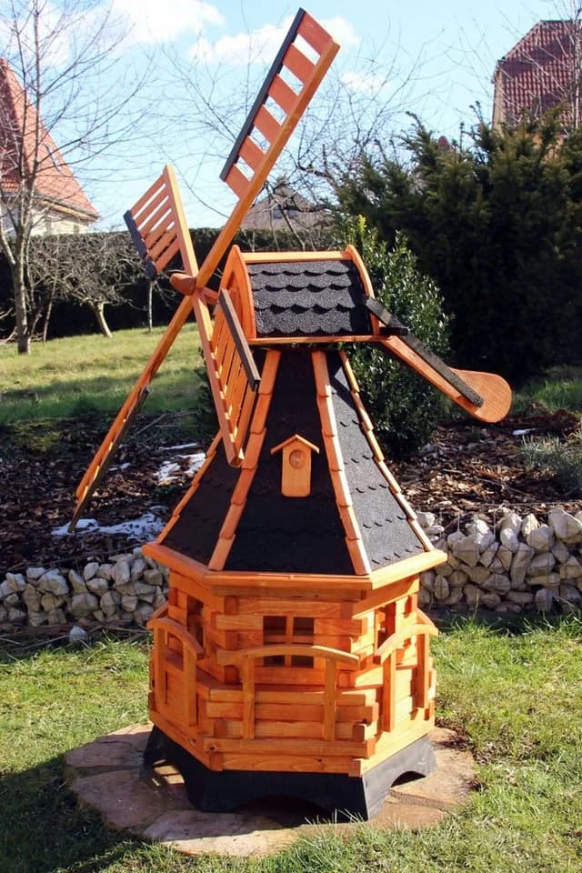 Holzdekoladen Deko-Windrad Holz Windmühle mit Solarlicht Weiß
