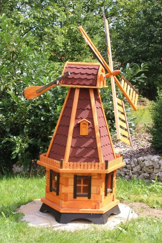 Holzdekoladen 6-Eckige Gartenwindmühle Holz Weißes Solarlicht Rot