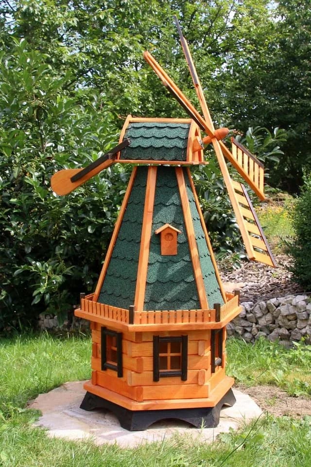 Holzdekoladen 6-eckige Gartenwindmühle Holz Grün Solarlicht