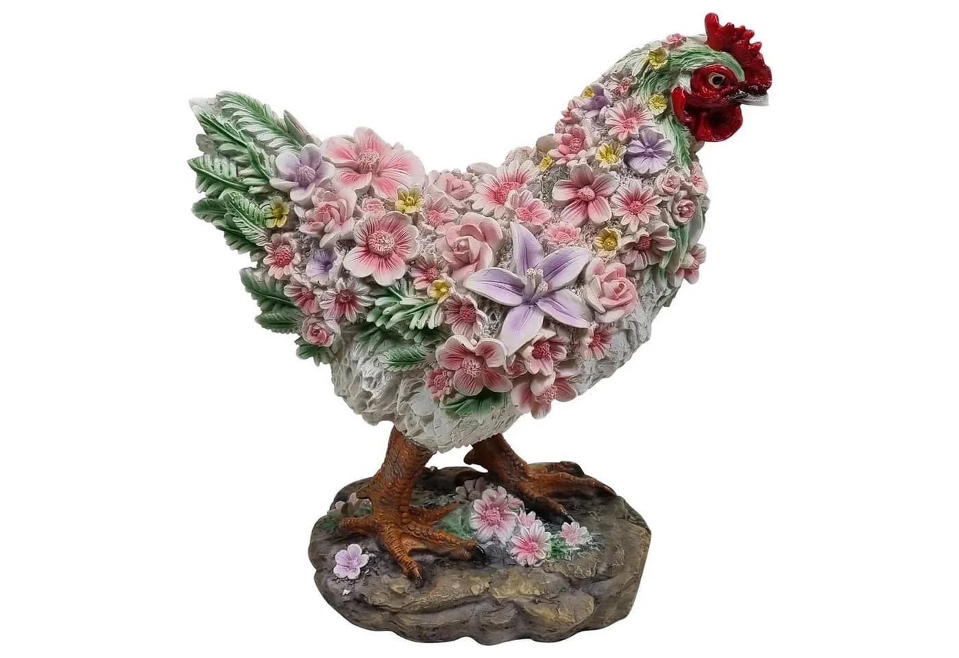 Fachhandel Plus Henne mit Blumendekor Polyresin Gartenfigur