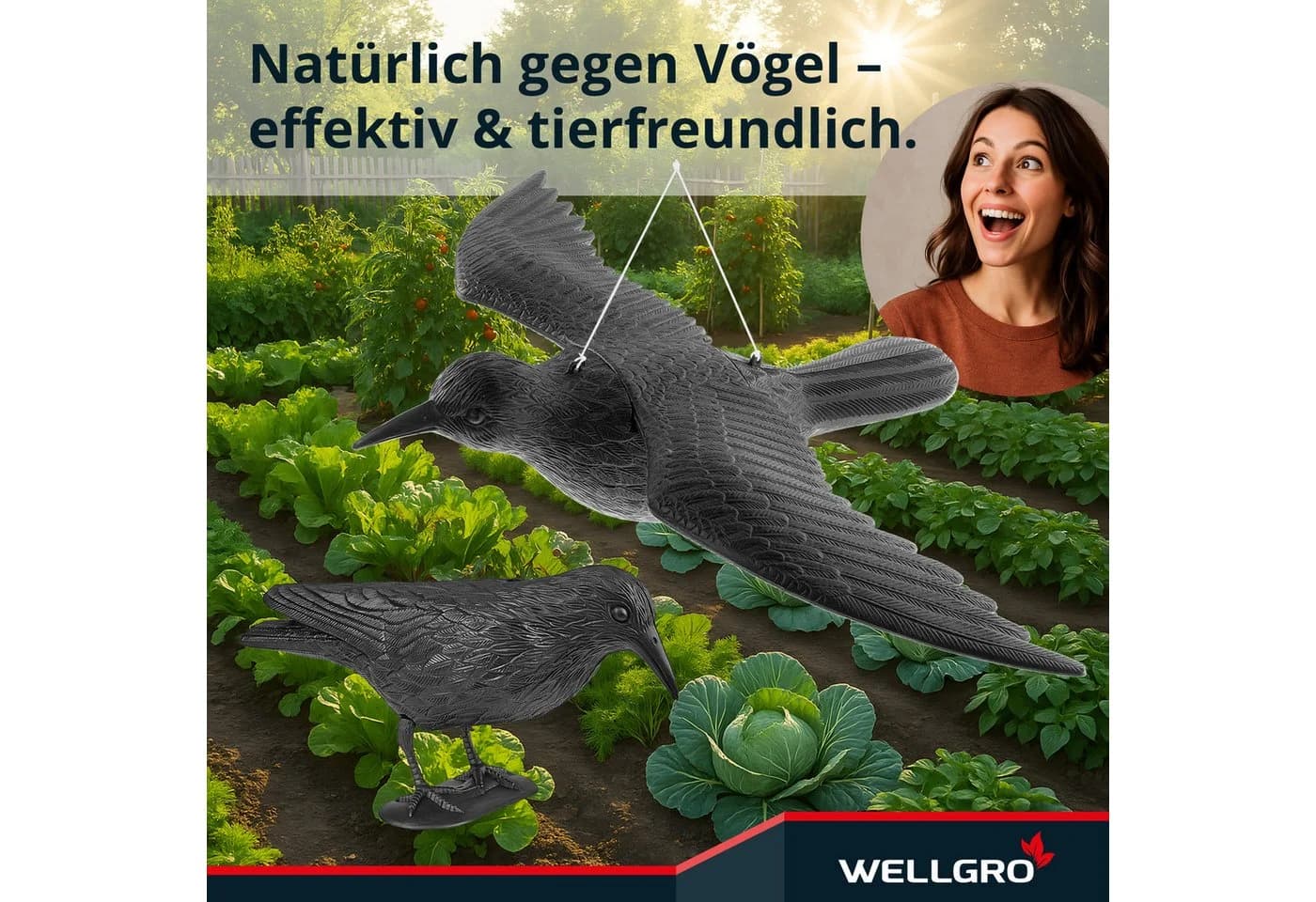 WELLGRO Vogelschreck Krähe sitzend 4er Set Schwarz UV-beständig - Bild 4