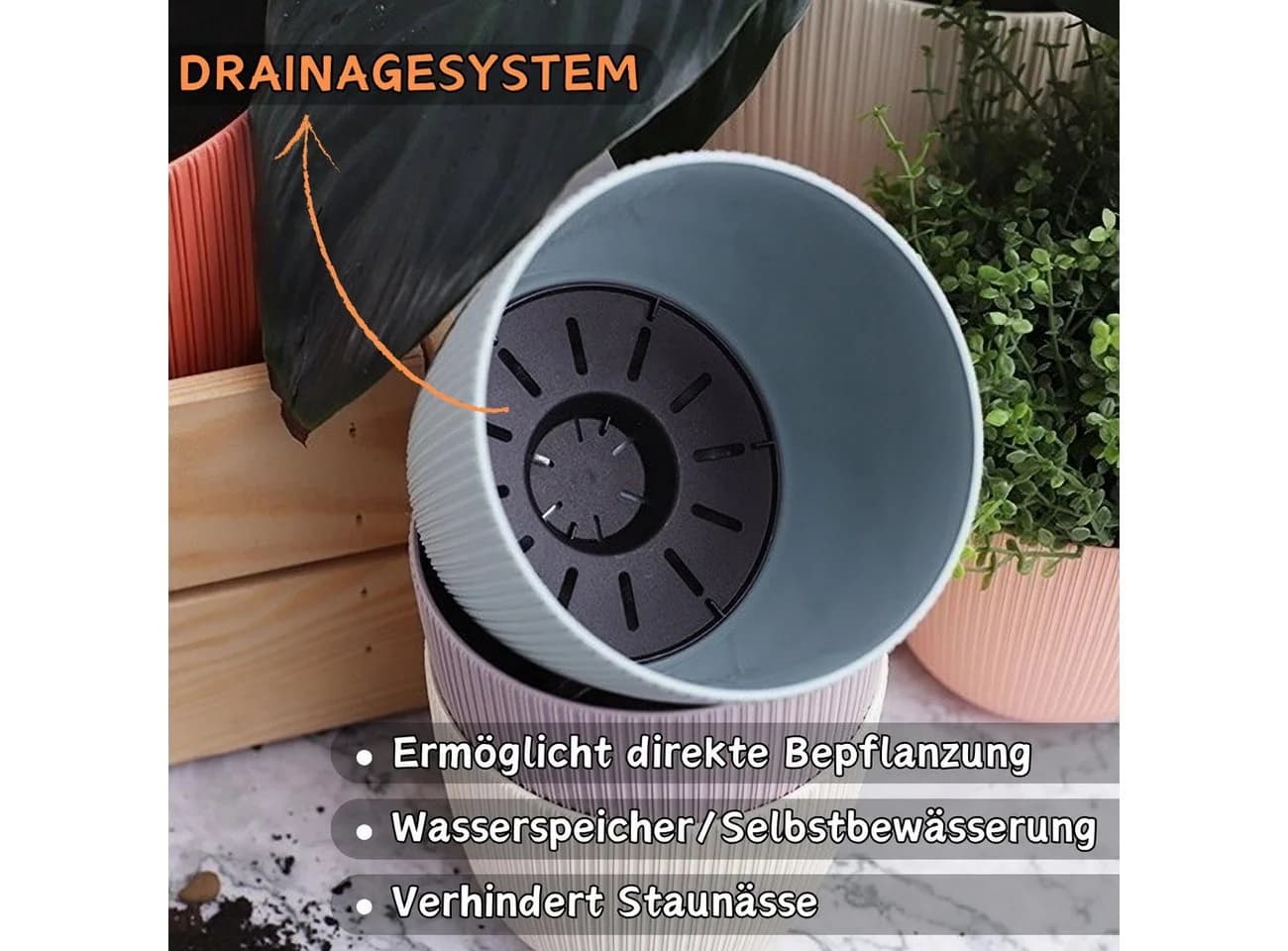 Engelland Blumentopf mit Drainagesystem Grau PP-Kunststoff
