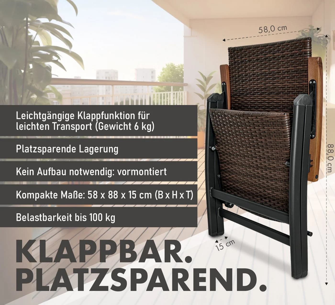 BRUBAKER Gartenstuhl Modena 2er Set Braun Grau Polyrattan Klappbar - Bild 3