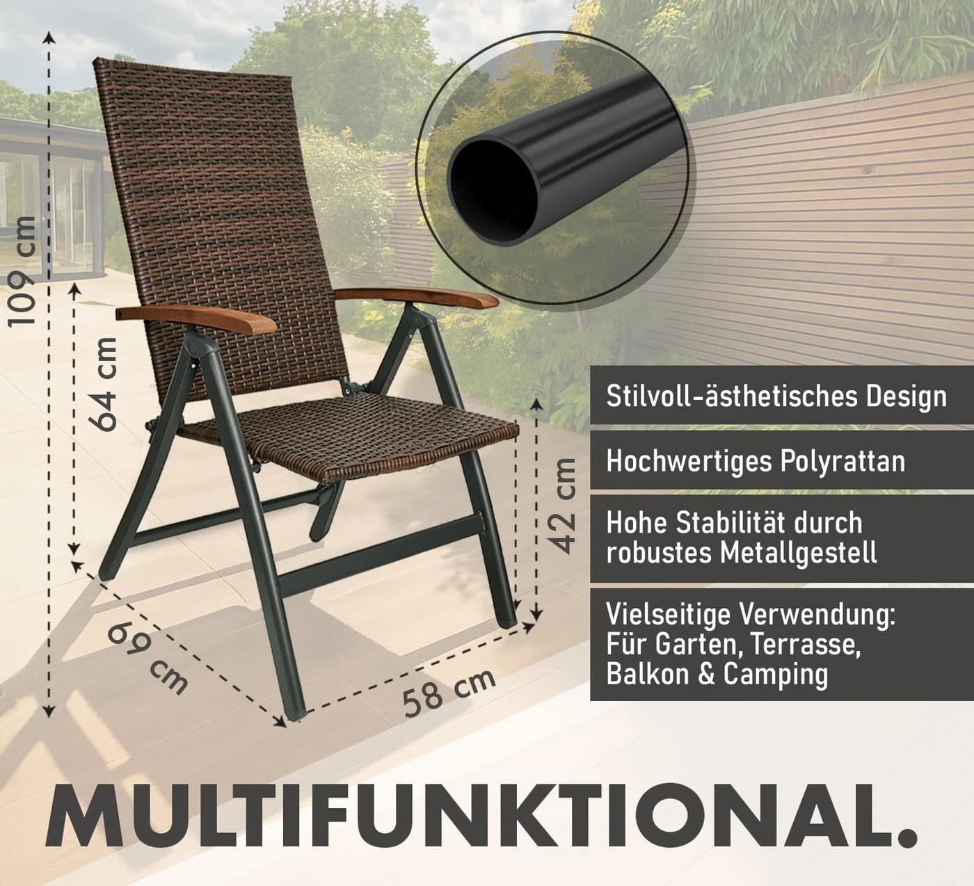 BRUBAKER Gartenstuhl Modena 2er Set Braun Grau Polyrattan Klappbar - Bild 4