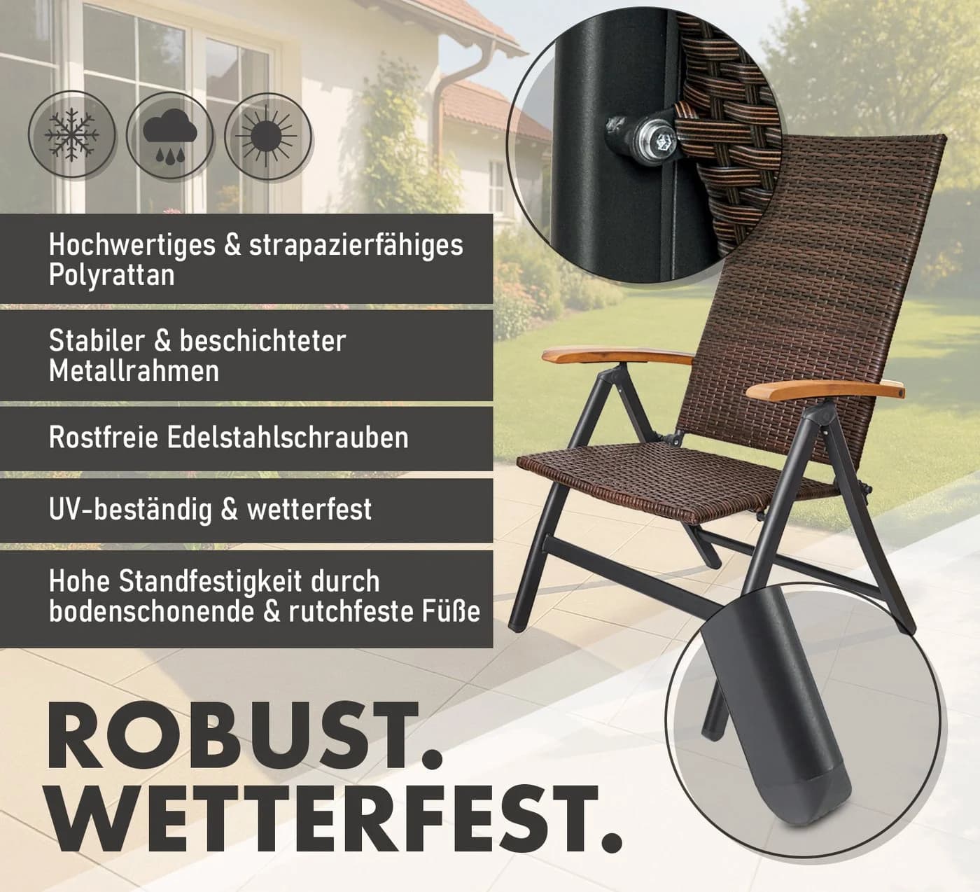BRUBAKER Gartenstuhl Modena 2er Set Braun Grau Polyrattan Klappbar - Bild 5