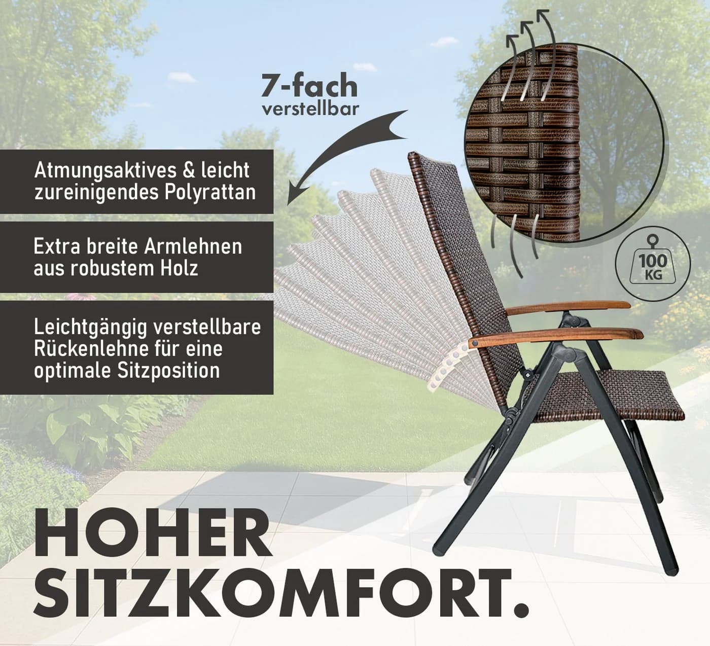 BRUBAKER Gartenstuhl Polyrattan klappbar Hochlehner Campingstuhl