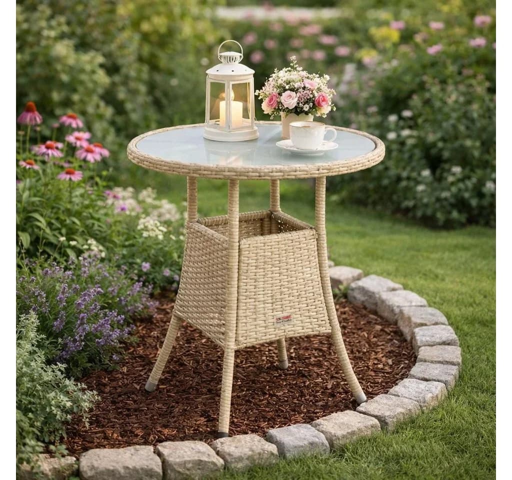 ESTEXO Gartentisch Beistelltisch Rund Beige Polyrattan mit Glasplatte - Bild 2