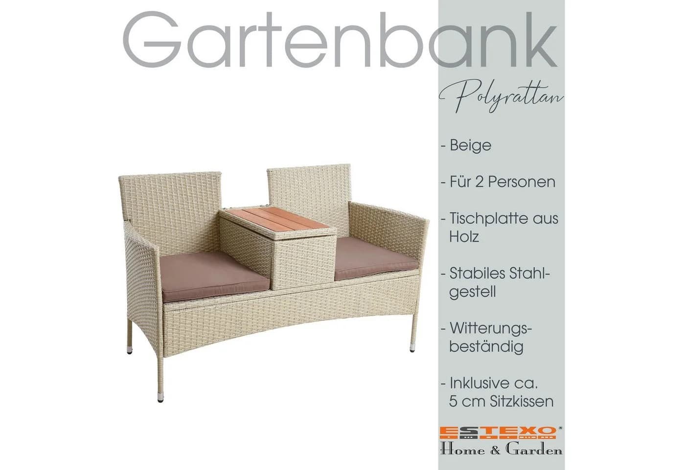 ESTEXO Polyrattan Gartenbank 2-Sitzer mit Tisch - Bild 3