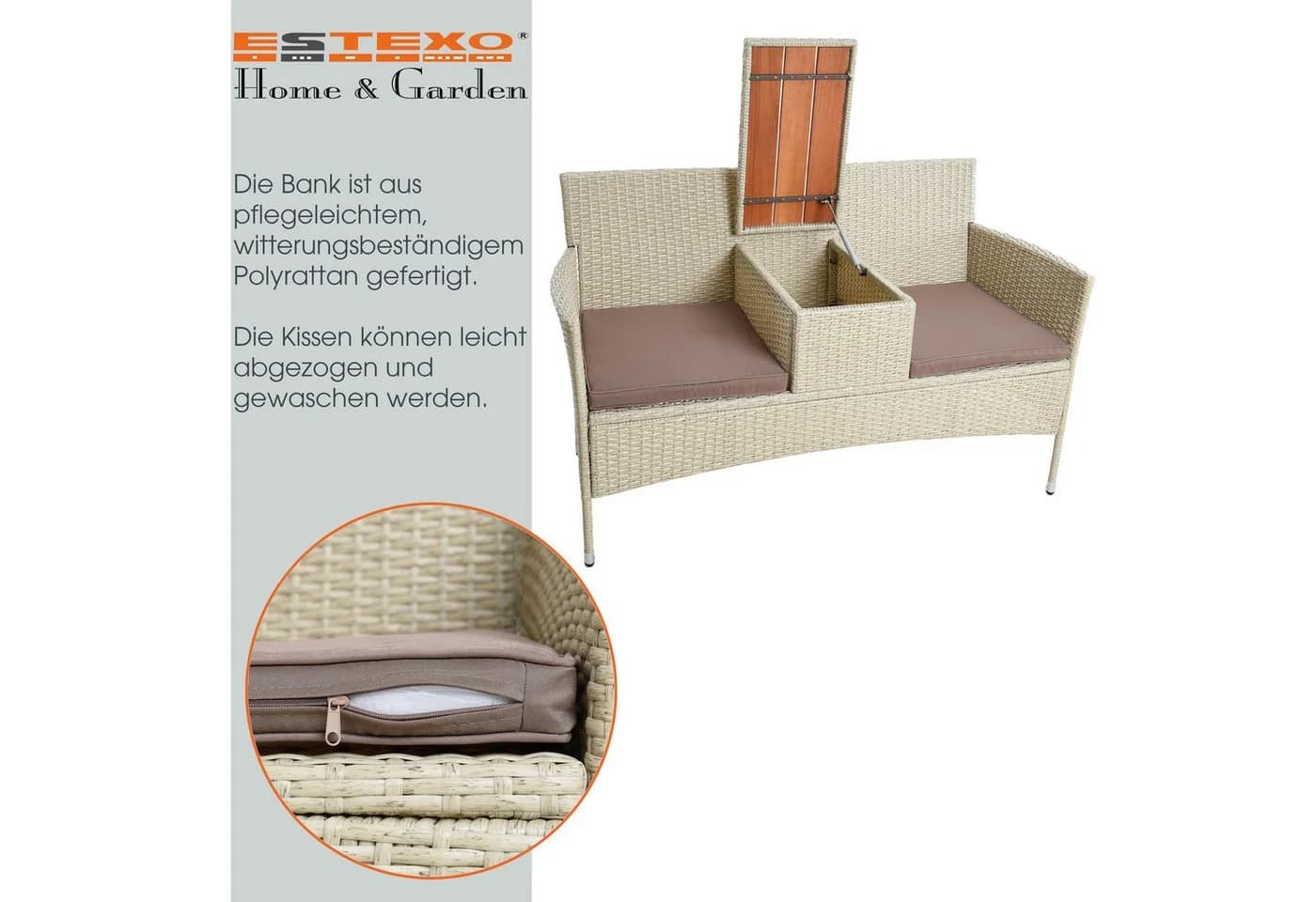 ESTEXO Polyrattan Gartenbank 2-Sitzer mit Tisch - Bild 4