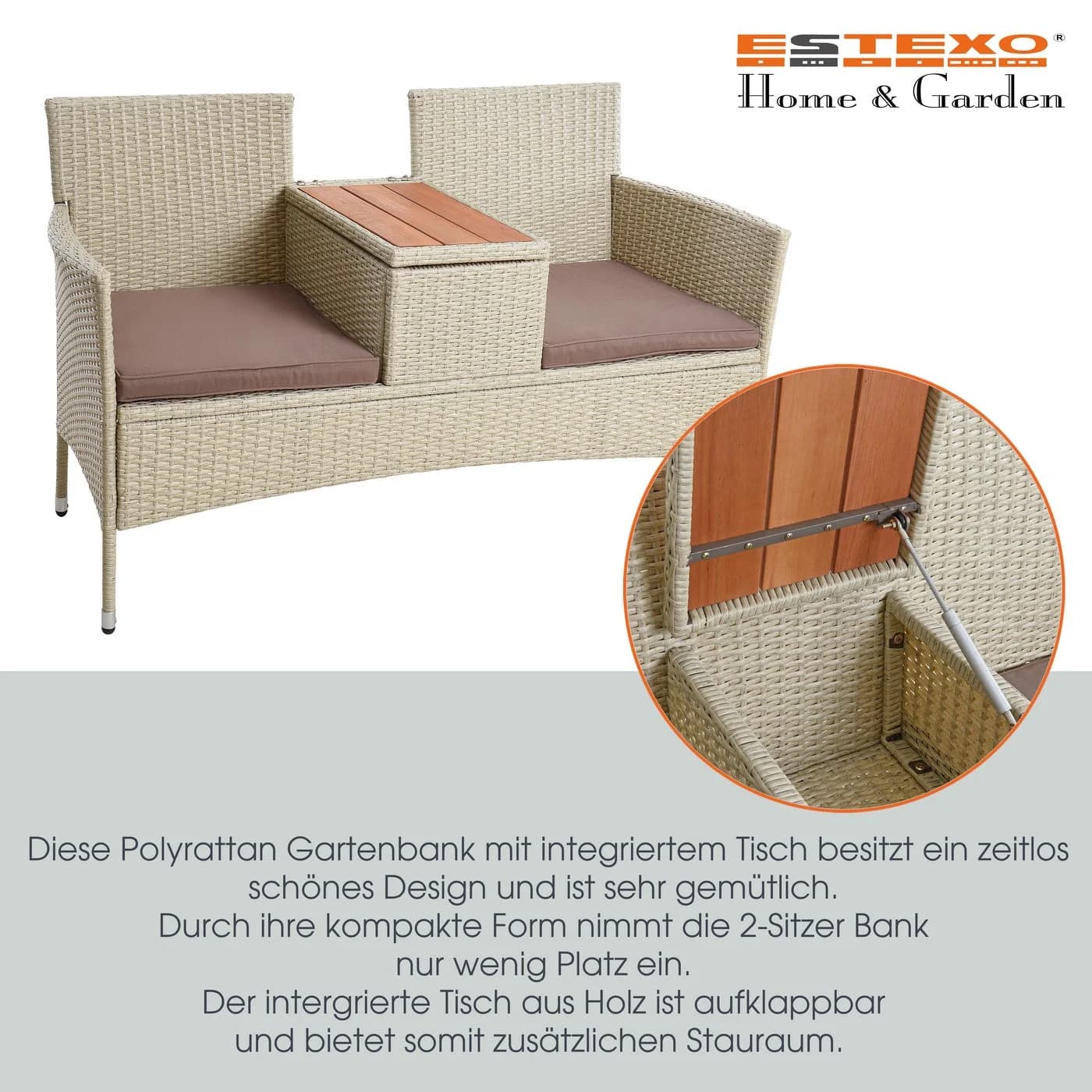 ESTEXO Polyrattan Gartenbank 2-Sitzer mit Tisch - Bild 5