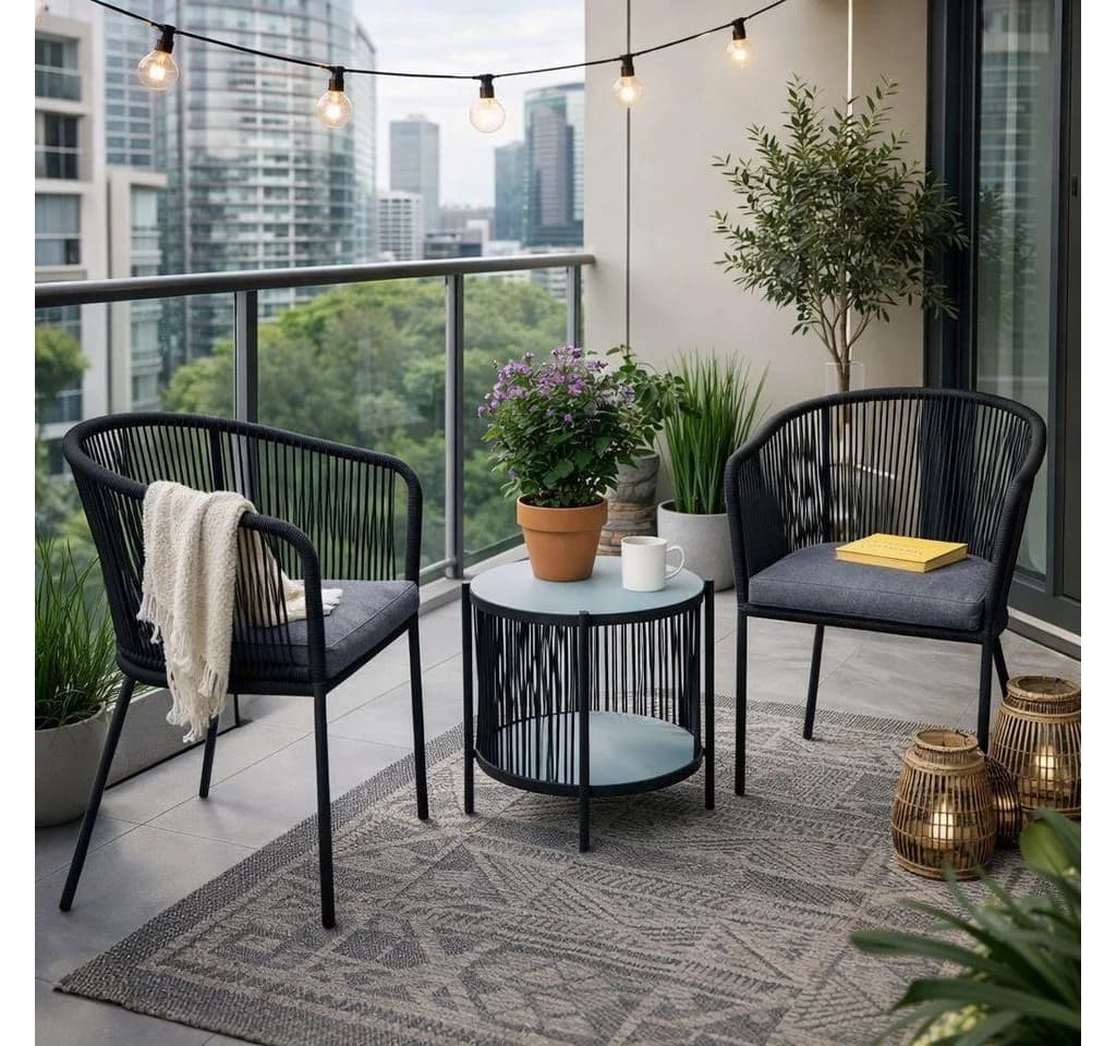 ESTEXO Bistro-Set Schwarz mit Rope-Geflecht und Glasplatte - Bild 2