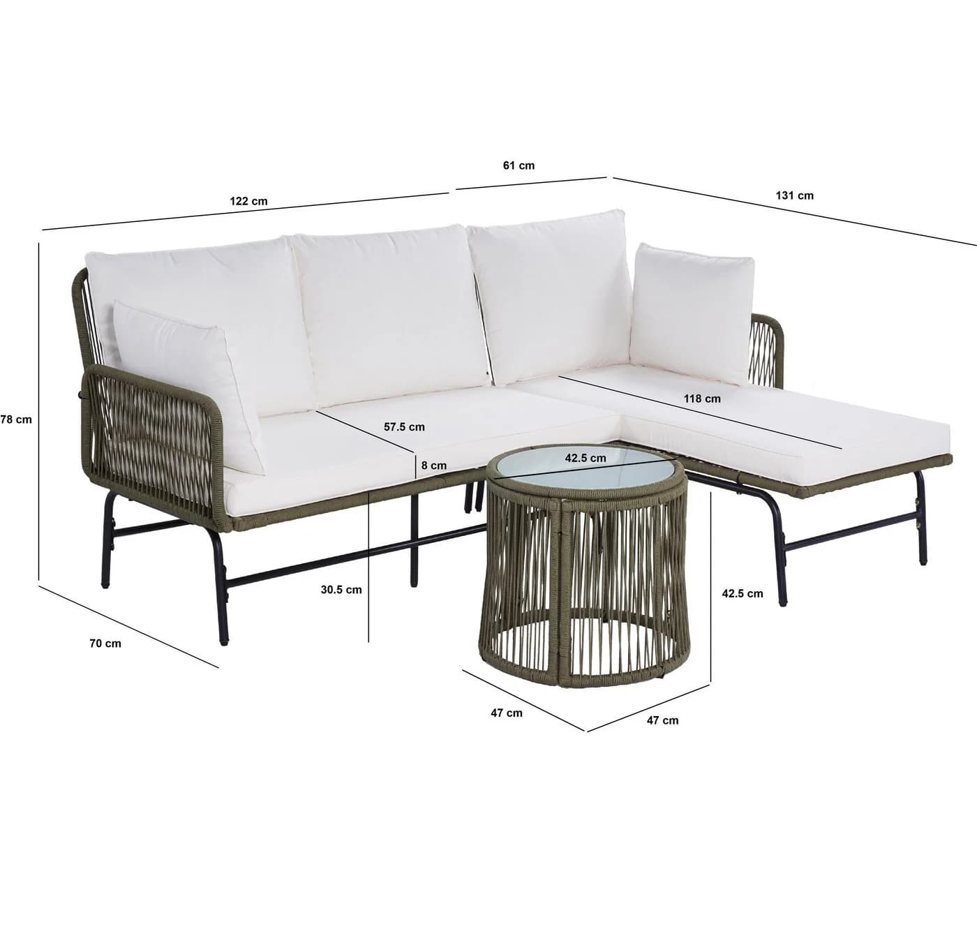 ESTEXO Sitzgruppe Gartenmöbel Set Lounge Rope Seil-Optik Gartenbank Oliv Grü