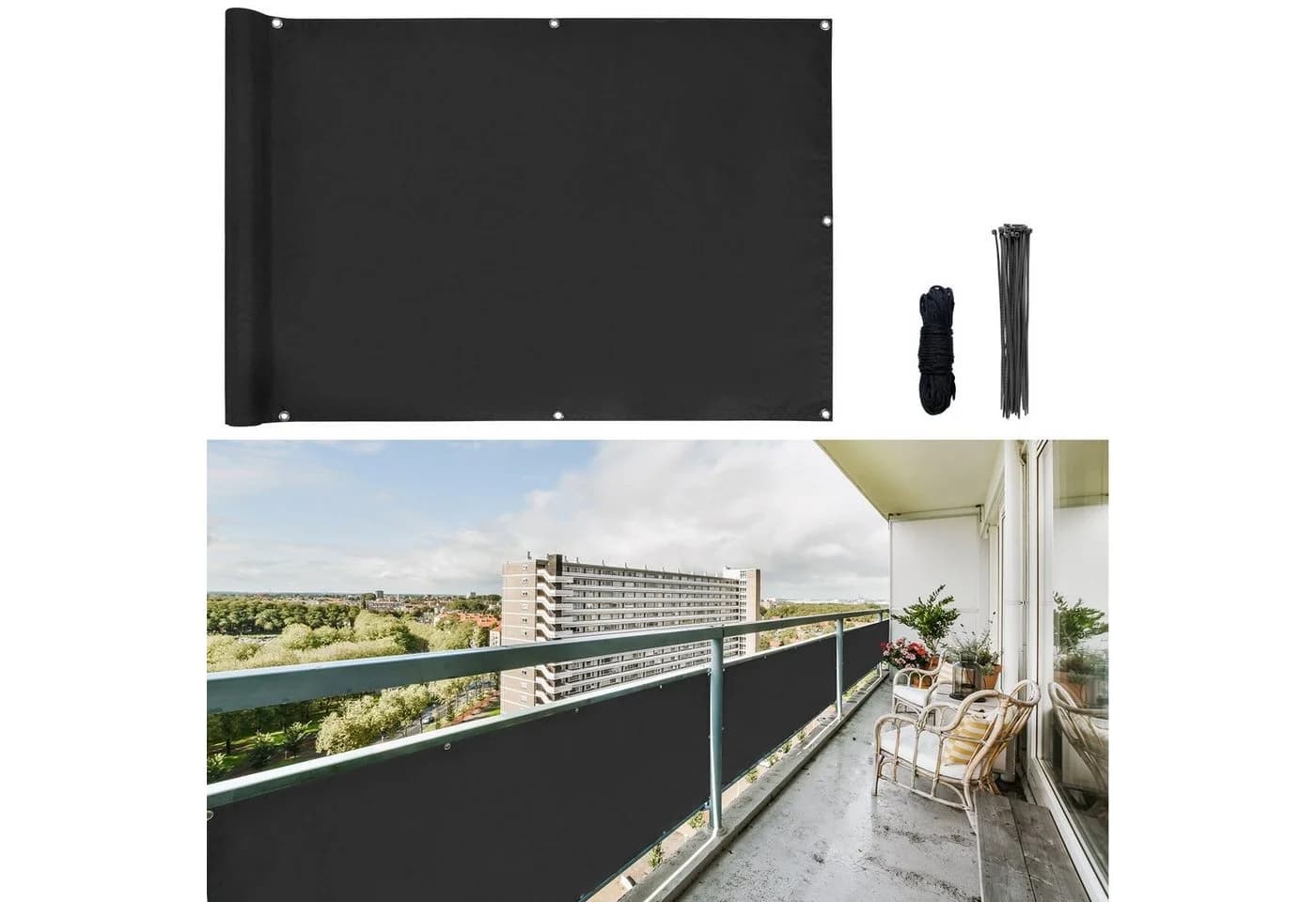 CCLIFE Balkonsichtschutz Schwarz Bohrfrei UV-Schutz