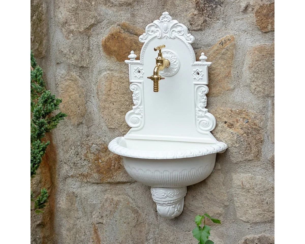 Antikas Wandbrunnen aus Aluminium Weiß mit Messing-Wasserhahn - Bild 2