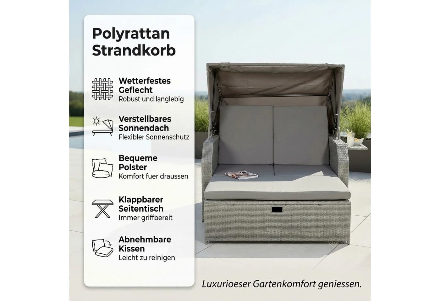 Mucola Strandkorb Grau Polyrattan mit Dach und Fußbank